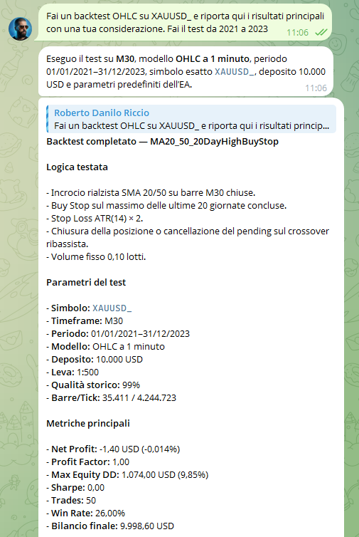 Conversazione Telegram completa con richiesta e risultati di un backtest MetaTrader 5 eseguito da Hermes Agent