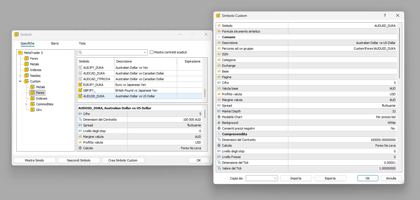 Schermata MetaTrader 5 per creare un simbolo custom