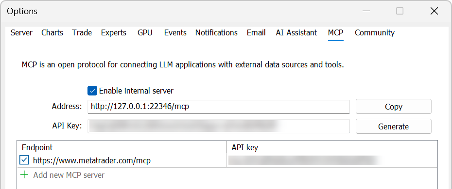 Scheda MCP di MetaTrader 5 con server interno, indirizzo locale, chiave API ed endpoint