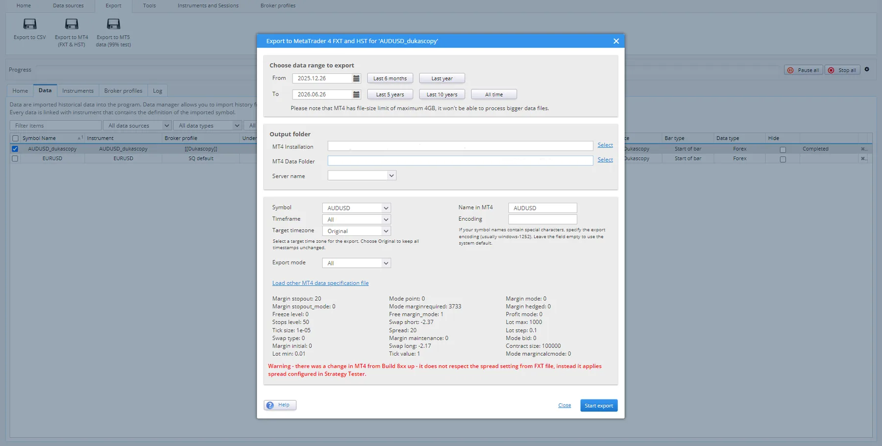 Schermata di esportazione QuantDataManager verso MetaTrader 4